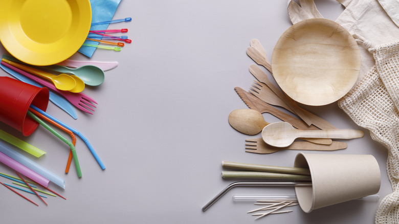 Plastic utensils and bamboo utensils separated into 2 sides