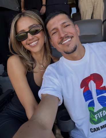 Jessica Alba smiling in a selfie with Danny Ramirez at the World Cup final.