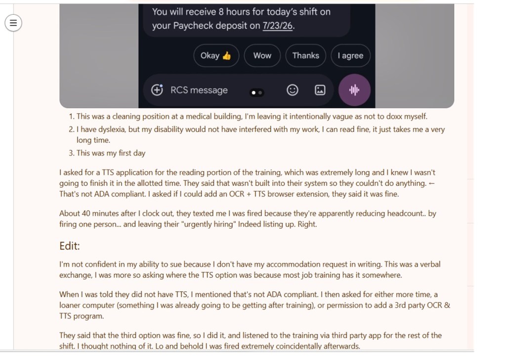 A screenshot from a Reddit post about a worker who gets dismissed on the first of a new job.