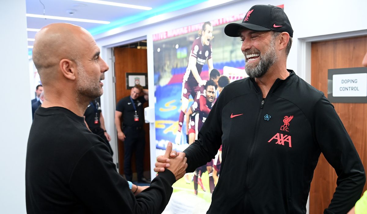 Pep Guardiola with Jurgen Klopp. Pic: Michael Regan - The FA/The FA via Getty Images