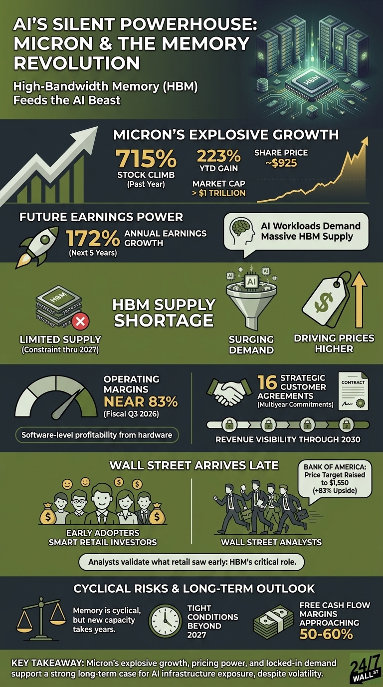 Infographic showing Micron's financial metrics, stock price climbing to 925 dollars, and a comparison of smart retail investors versus late-arriving analysts.