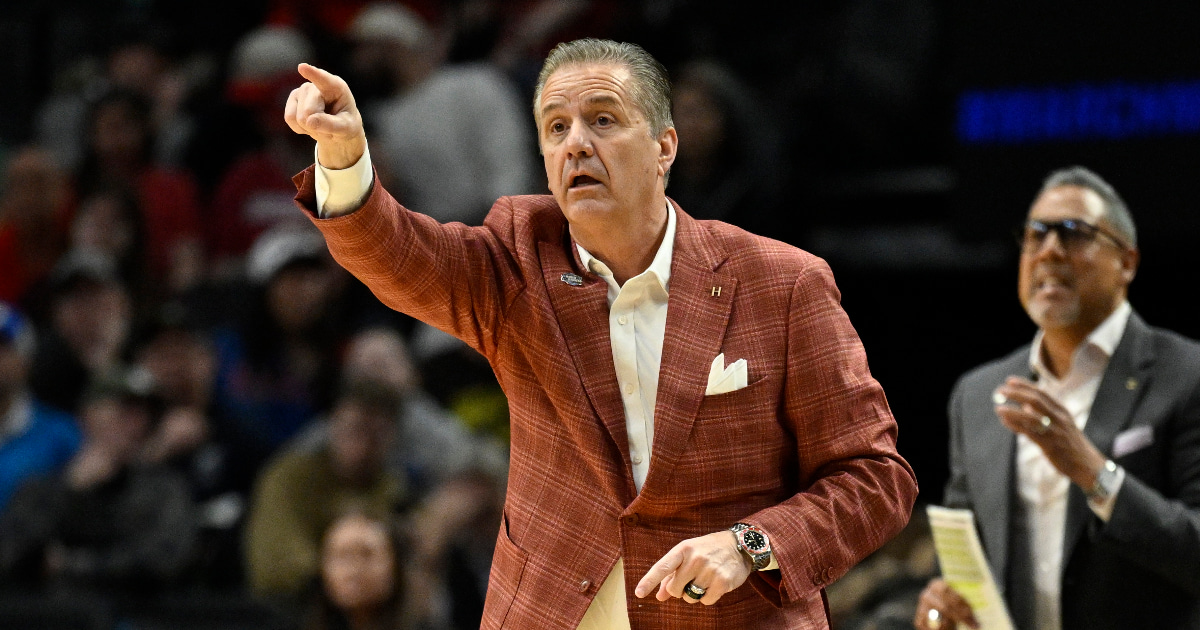 Mar 19, 2026; Portland, OR, USA; Arkansas Razorbacks head coach John Calipari in the first half against the Hawaii Rainbow Warriors during a first round game of the men's 2026 NCAA Tournament at Moda Center. Mandatory Credit: Troy Wayrynen-Imagn Images