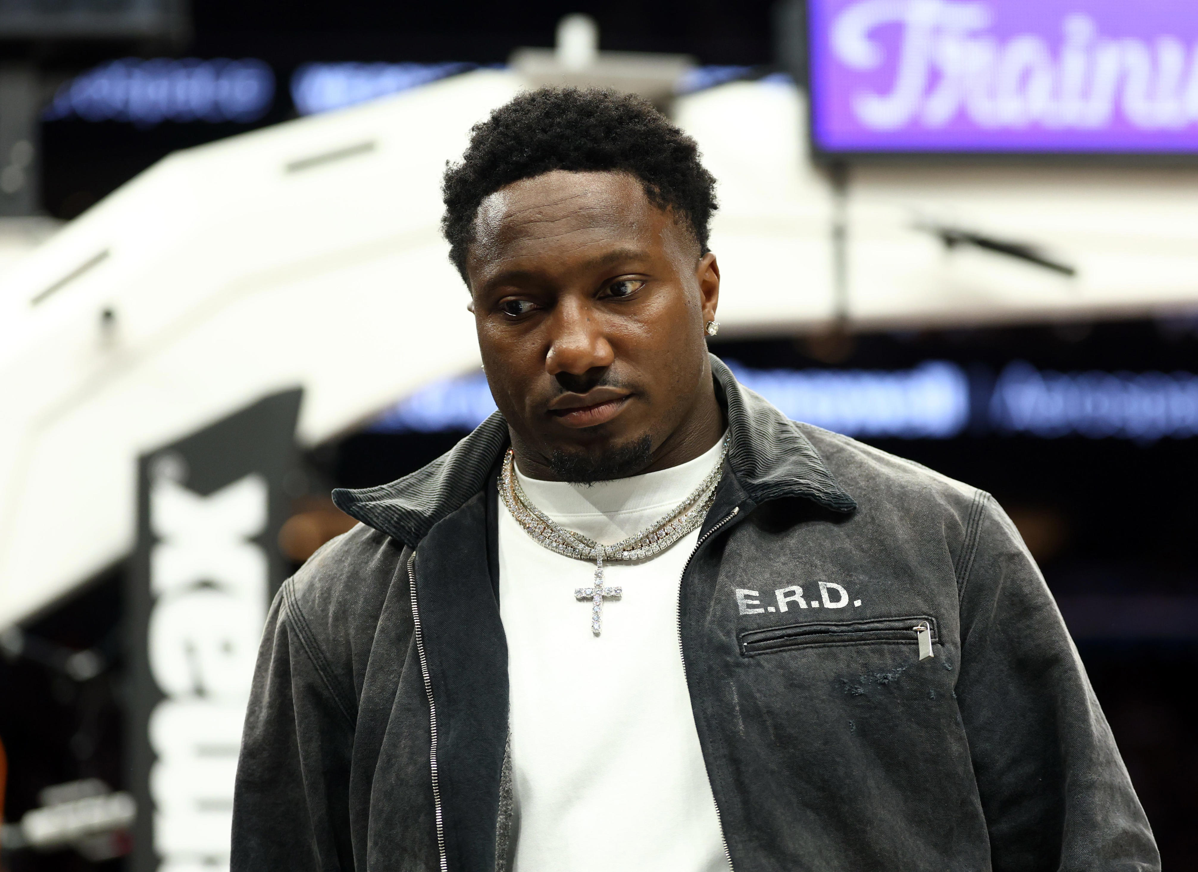 Feb 1, 2026; Phoenix, Arizona, USA; Washington Commanders player Deebo Samuel Sr. in attendance of the Phoenix Suns game against the Los Angeles Clippers in the first half at Mortgage Matchup Center. Mandatory Credit: Mark J. Rebilas-Imagn Images