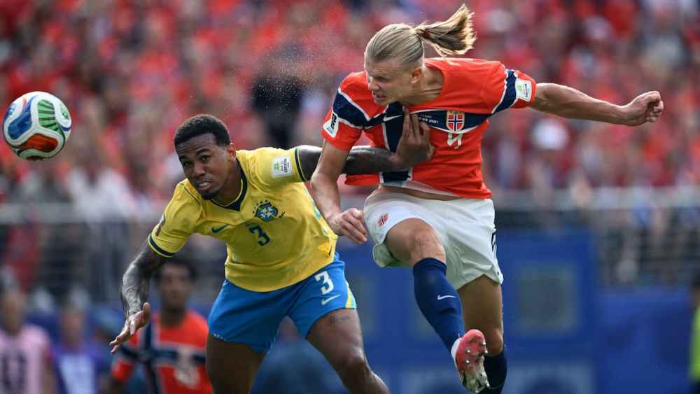 Norway striker Erling Haaland heading the ball
