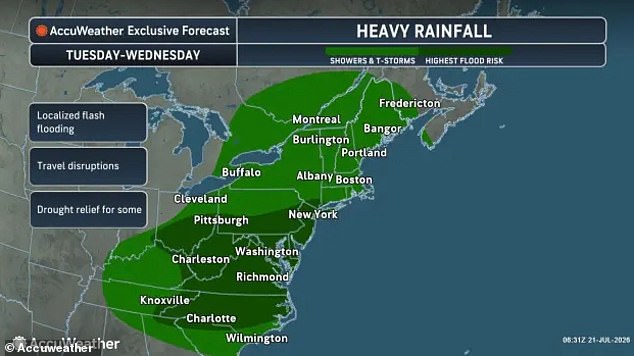 Flash flooding and travel disruptions are expected to impact millions across the US East Coast