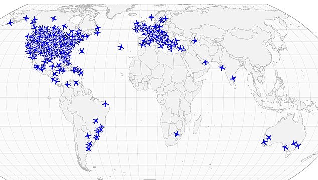 On Monday (pictured), it was tracking 869 aircraft in the sky and estimated that they could carry nearly 11,000 people