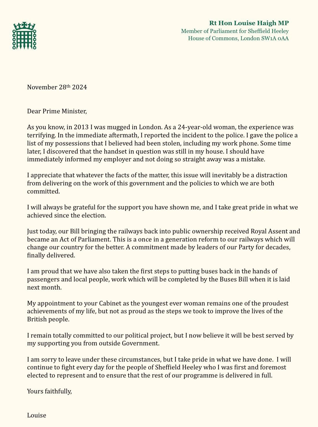 Louise Haigh's resignation letter to Sir Keir Starmer in 2024