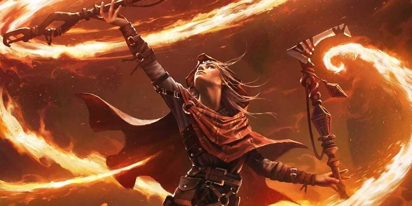 Wizard Casting a Fire Spell With Staff in Hand in Dungeons and Dragons