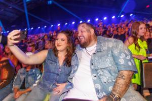 Bailee Ann and Jelly Roll gets slimed onstage at the Nickelodeon's Kids' Choice Awards 2024 held at Barker Hangar on July 13, 2024 in Santa Monica, California.