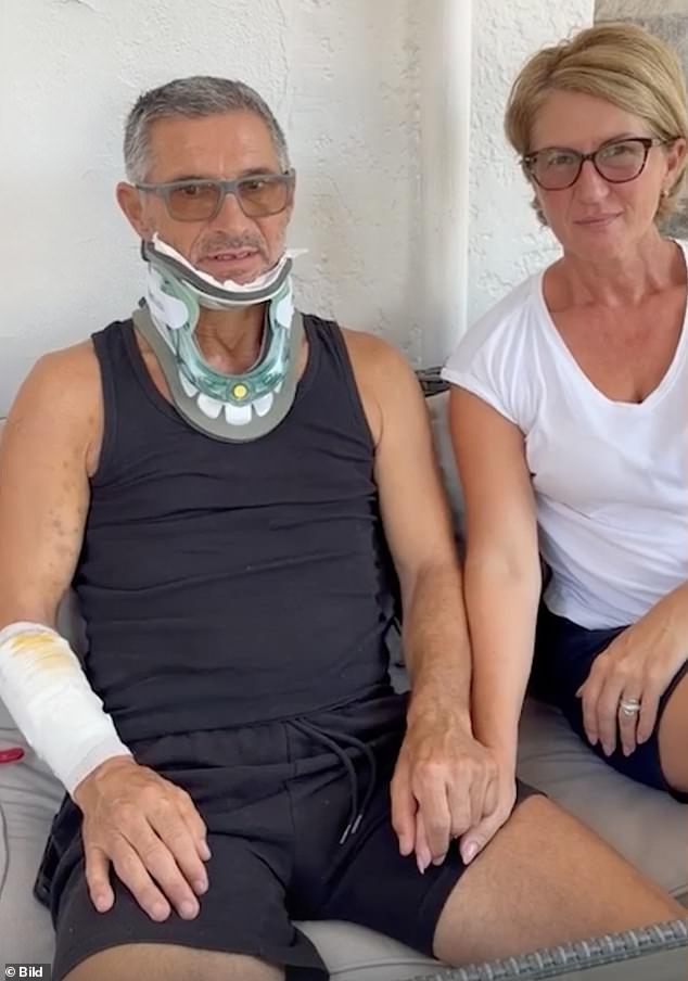 Ljubiša Karović, 61, from Serbia, was travelling from Greece to Germany when his head and shoulders were sucked outside the aircraft while his wife (right) desperately clung to his feet