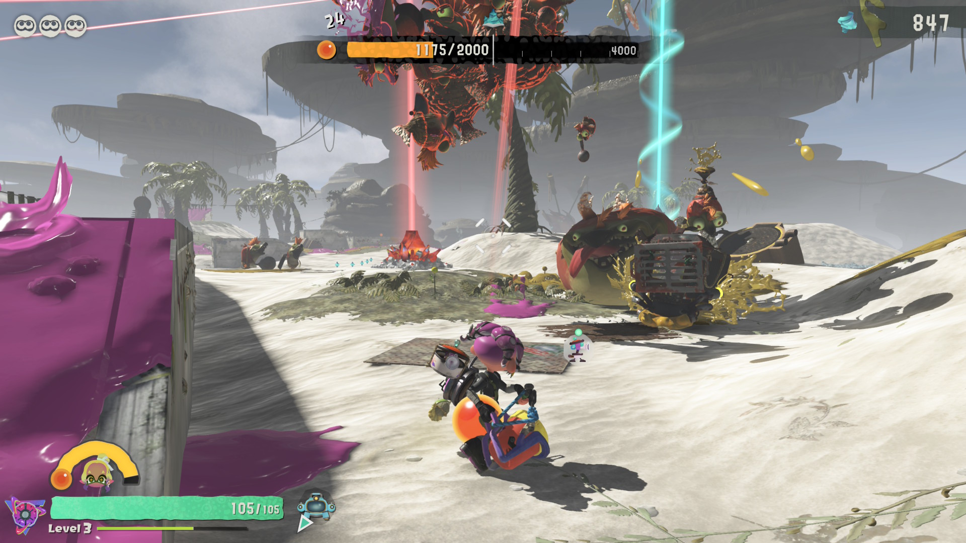 Running across an island beach peppered with salmonid enemies in Splatoon Raiders