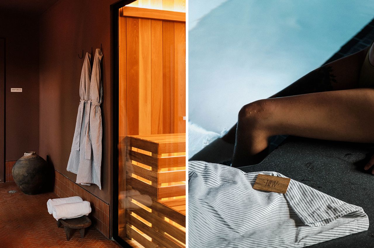 Interior of a spa with a sauna and a relaxing poolside scene with a person resting