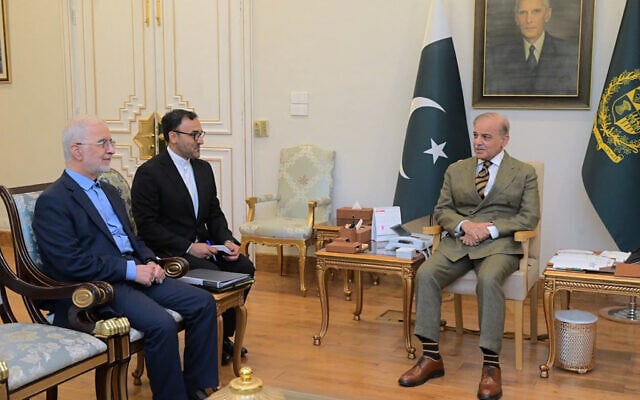 In this photo released by the Pakistan Prime Minister Office, Iran’s Interior Minister Eskandar Momeni, left, meets with Pakistan’s Prime Minister Shehbaz Sharif, right, in Islamabad, Pakistan, July 21, 2026. (Pakistan Prime Minister Office via AP)