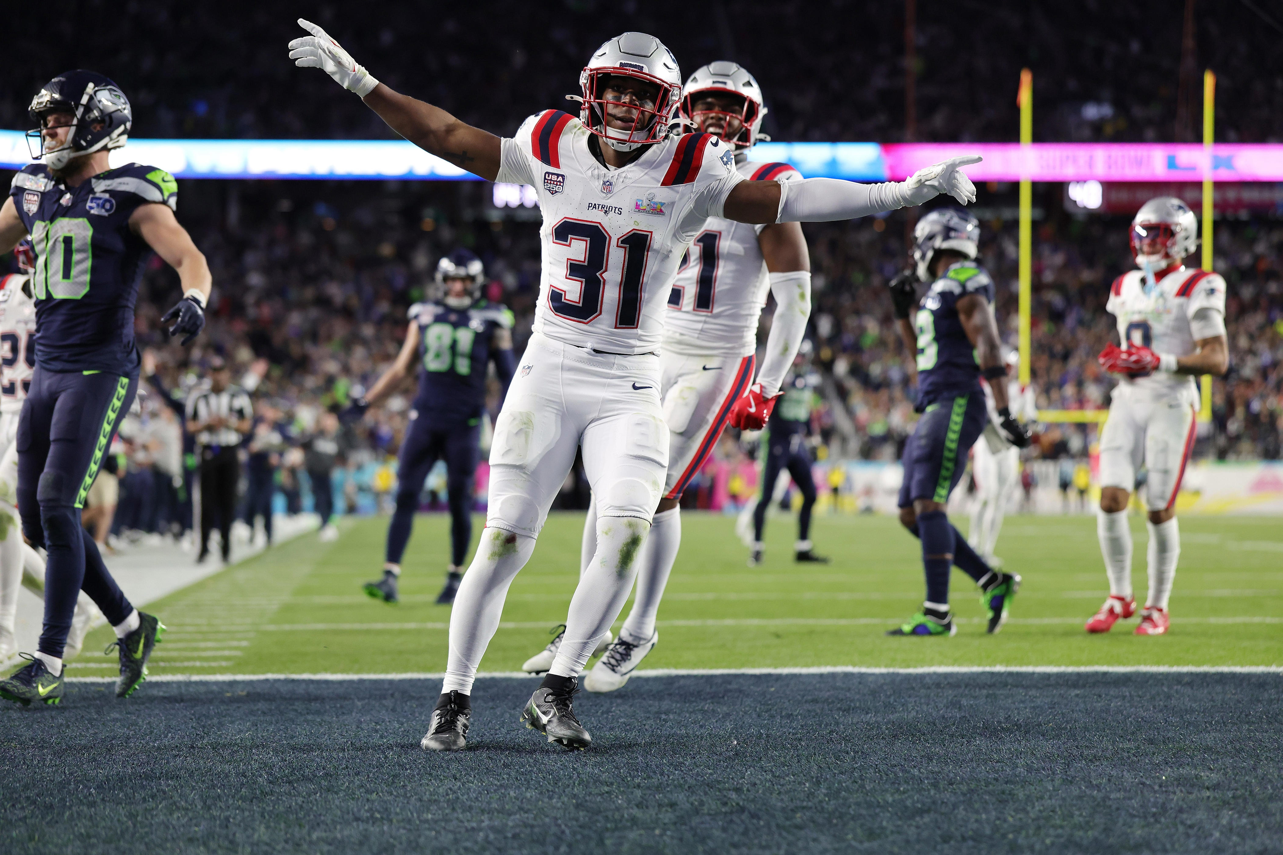 SANTA CLARA, CALIFORNIA - FEBRUARY 08: Craig Woodson #31 of the New England Patriots reacts after breaking up a pass intended for Cooper Kupp #10 of the Seattle Seahawks (not pictured) during Super Bowl LX at Levi's Stadium on February 08, 2026 in Santa Clara, California. (Photo by Ronald Martinez/Getty Images)