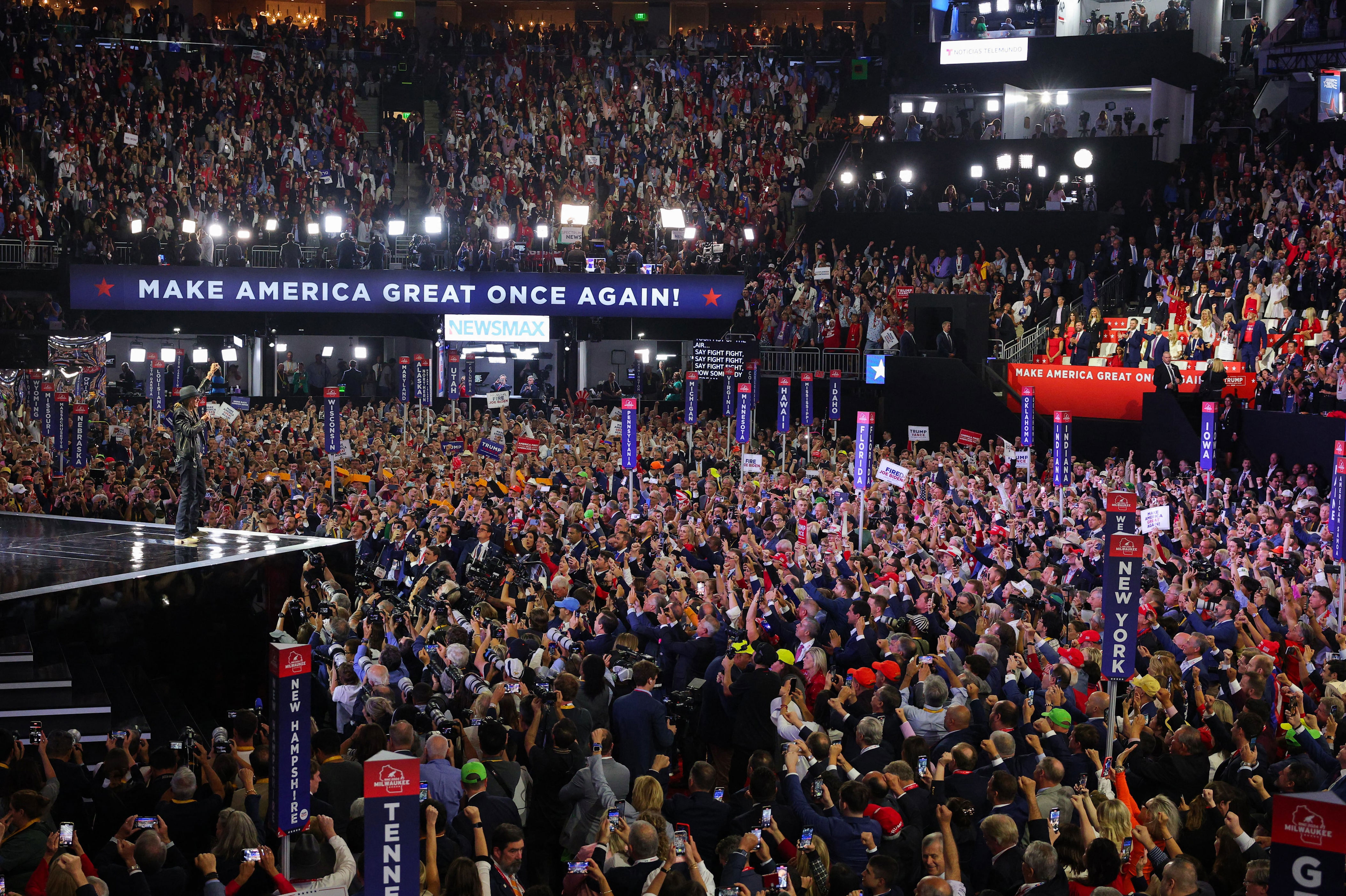 Cain praised Kid Rock, who is seen here performing at the 2024 Republican National Convention. / Brian Snyder / REUTERS