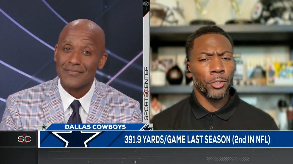 Ryan Clark is seen broadcasting on ESPN shortly before he was fired by the network on July 20