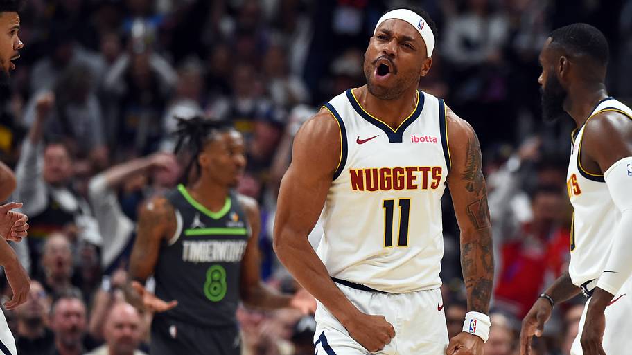 Denver Nuggets guard Bruce Brown reacts after a basket and foul during the first half against the Minnesota Timberwolves