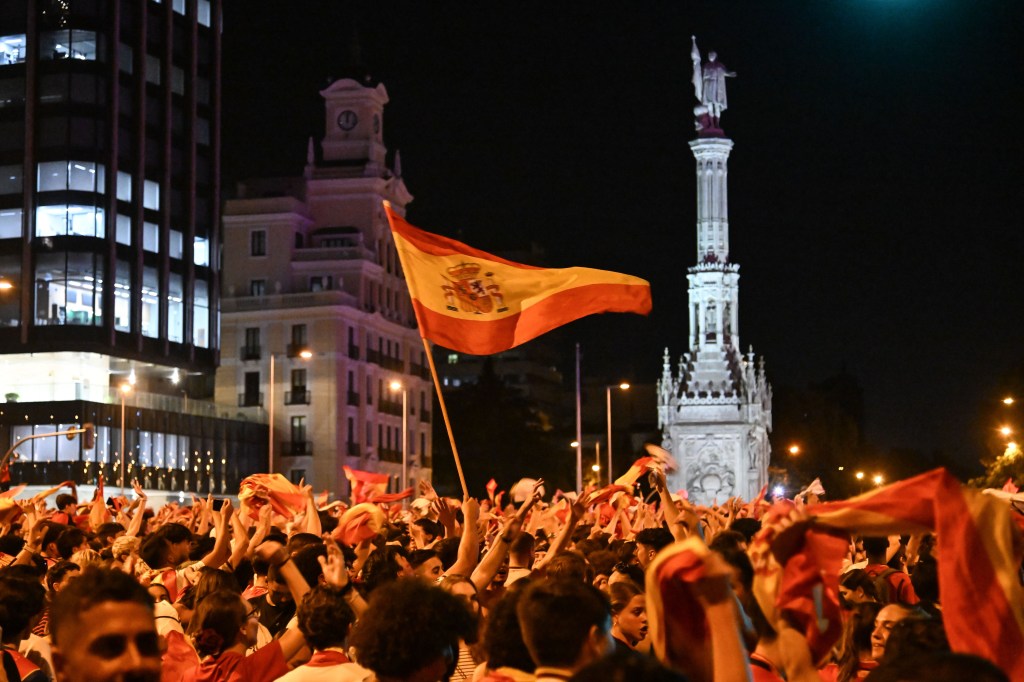 Fans of team Spain celebrate after Spain defeated Argentina in the final match of the 2026 FIFA World Cup in Madrid, Spain, July 19, 2026. (Photo by Cheng Min/Xinhua via Getty Images)