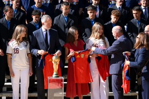 MADRID, SPAIN - JULY 20: Crown Princess Leonor of Spain, King Felipe VI of Spain, Queen Letizia of Spain and Princess Sofia of Spain are presented with shirts by Rafael Louzan, Spain Football Association President, as the Spain team visit Zarzuela Palace ahead of the FIFA World Cup 2026 Trophy parade on July 20, 2026 in Madrid, Spain. The final match of the FIFA World Cup 2026 was held at New York New Jersey Stadium in New Jersey between Spain and Argentina. (Photo by Carlos Alvarez/Getty Images)