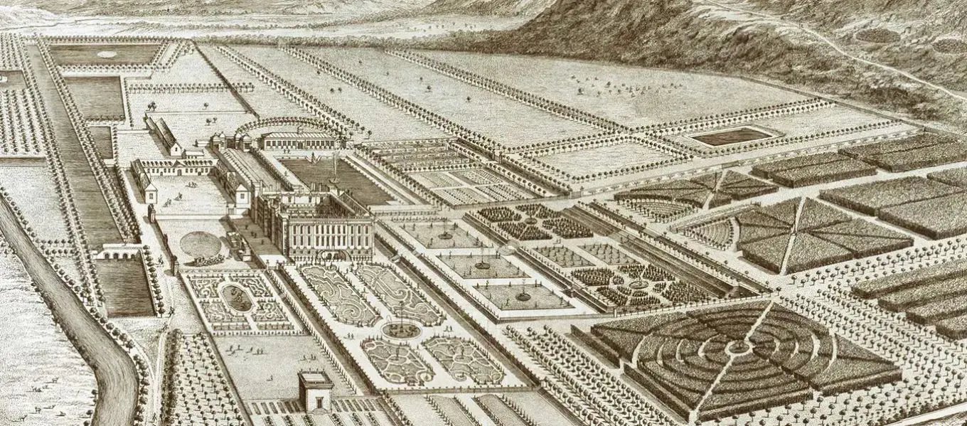 What the original garden looked like in 1709, captured by engravers Leonard Knijff and Jan Kip.