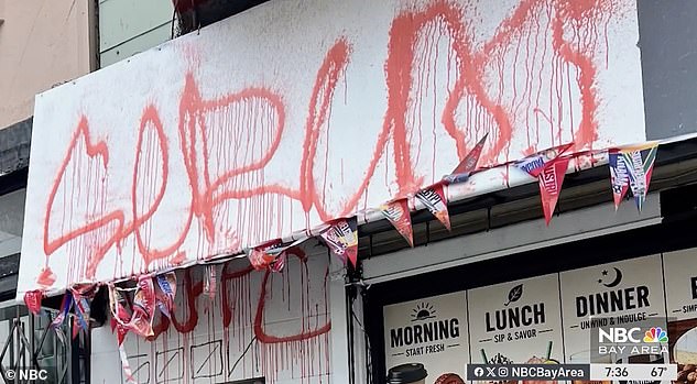 The backlash escalated beyond the internet when the restaurant's awning was spray-painted with red graffiti, leaving the family with a repair bill expected to top $700