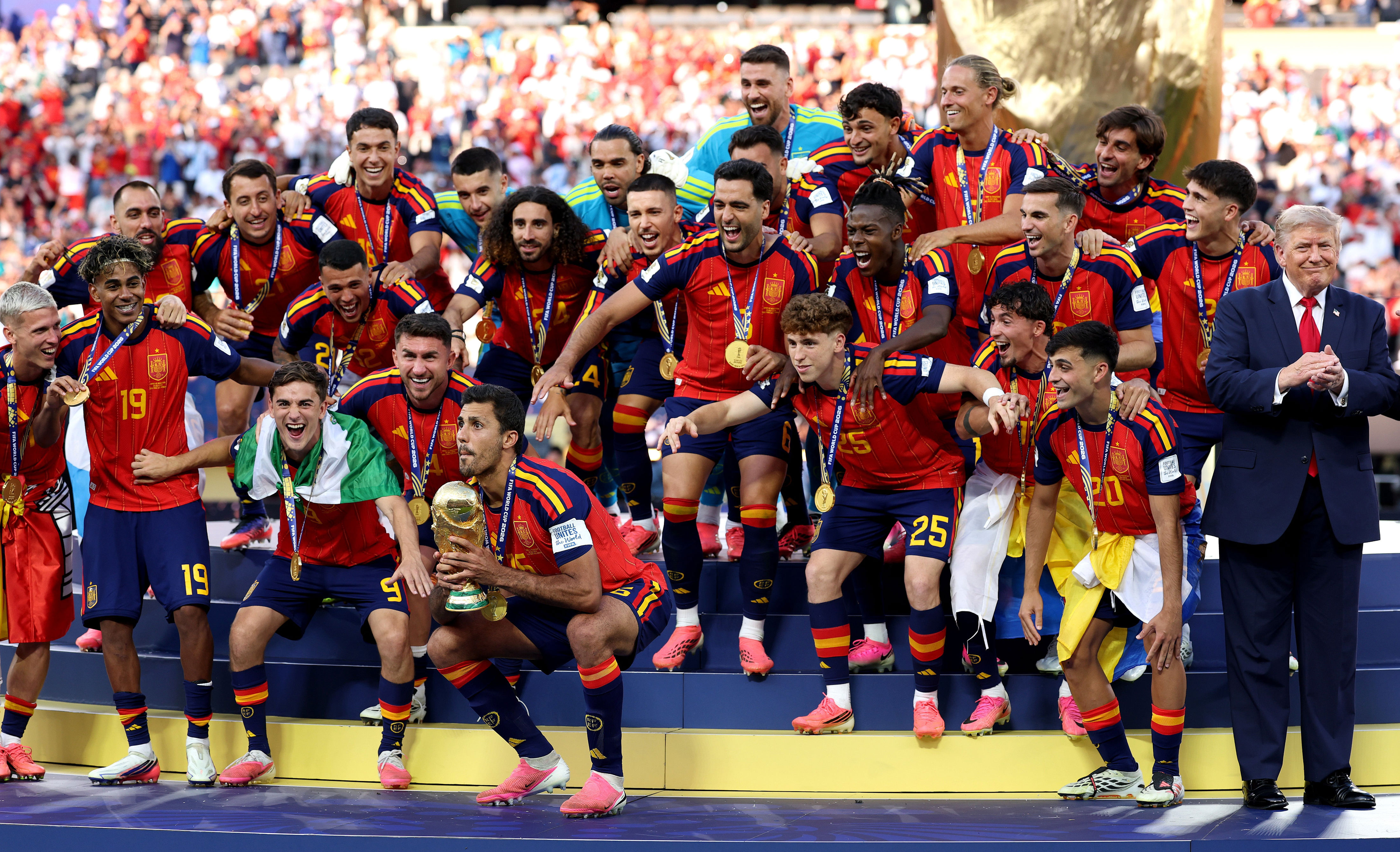 The Daily Show host also mocked the president for refusing to leave the stage after presenting the winner’s trophy to Spain’s team on Sunday (Getty)