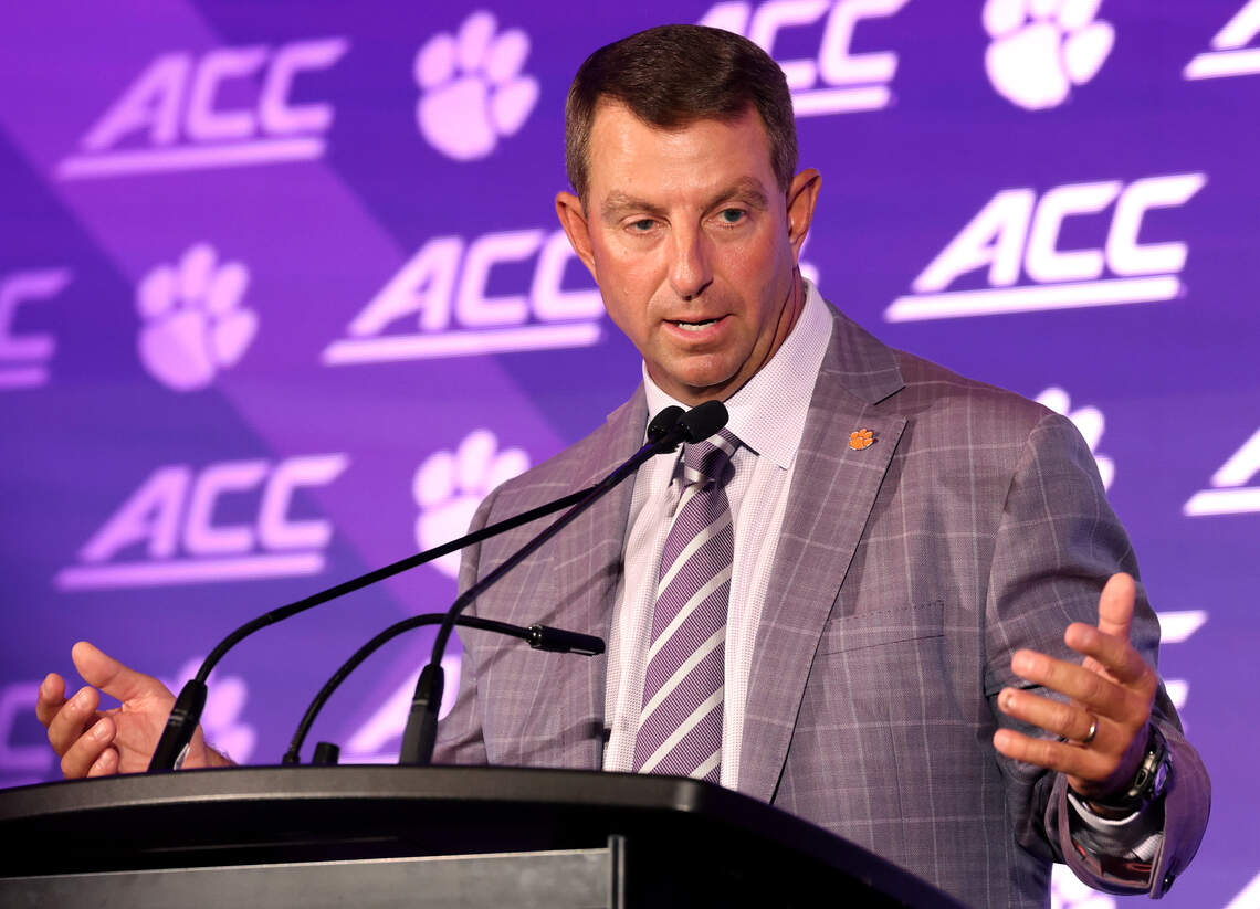 Clemson Tigers head football coach Dabo Swinney answers a reporter’s question during the 2026 ACC Football Kickoff program at the Hilton Charlotte Uptown hotel in Charlotte, NC on Thursday, July 16, 2026.