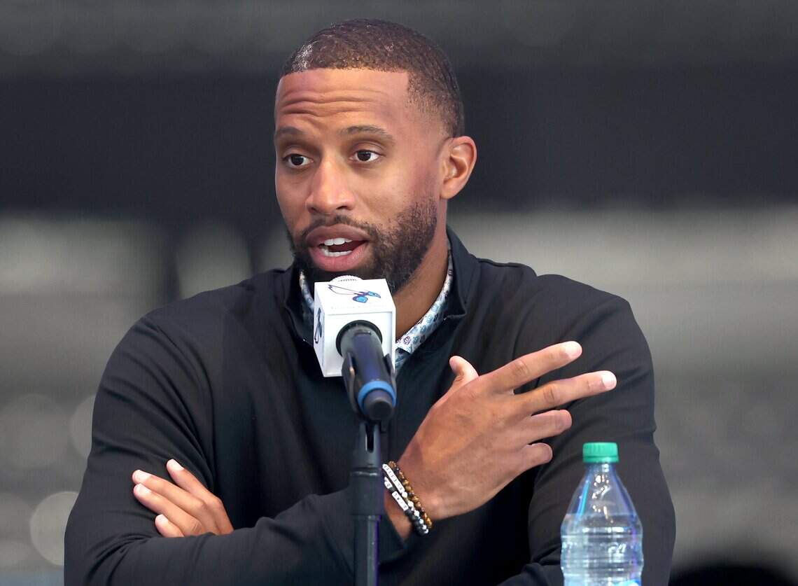 Charlotte Hornets head coach Charles Lee responds to a question during an introductory press conference for draft pick Hannes Steinbach and Christian Anderson at Spectrum Center in Charlotte, NC on Thursday, June 25, 2026.