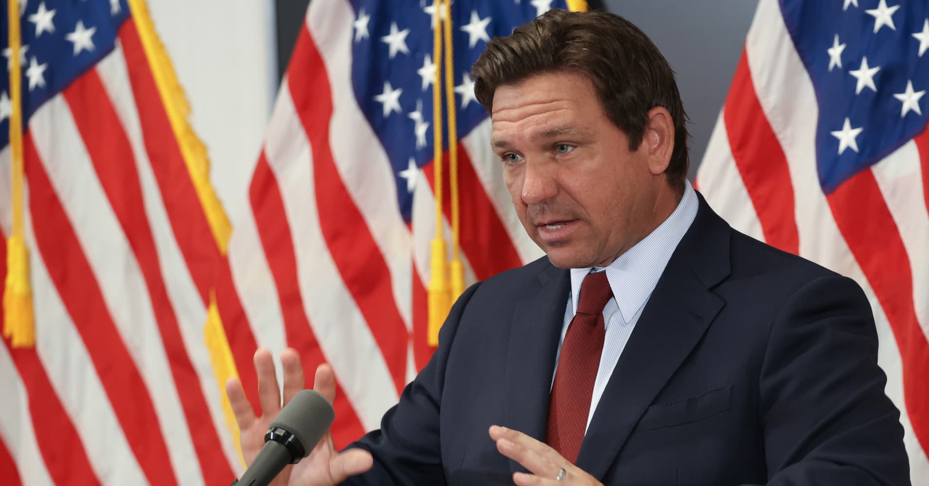Florida Gov. Ron DeSantis speaks about his proposal for Florida to become the first state to abolish property taxes during a news conference at the Florida REALTORS headquarters in Orlando, Florida, on March 31, 2025.