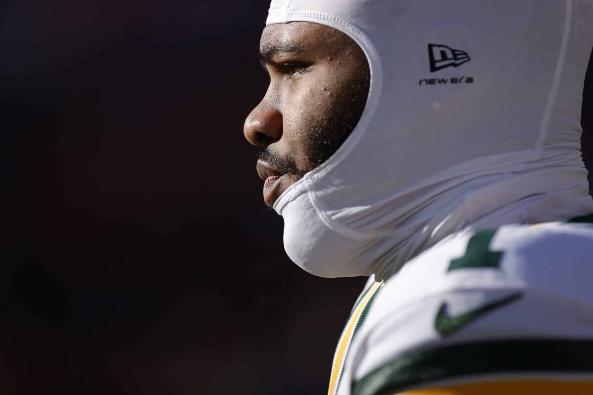 Dec 14, 2025; Denver, Colorado, USA; Green Bay defensive end Parsons (1) warms up before a game against the Denver Broncos at Empower Field at Mile High. Mandatory Credit: Isaiah J. Downing-Imagn Images