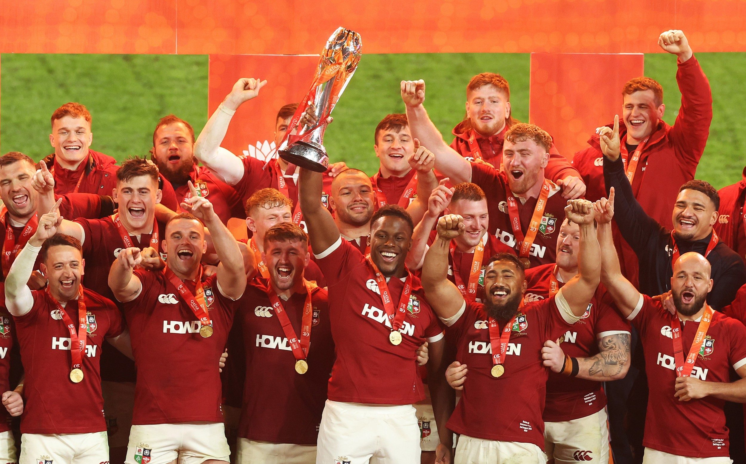 Maro Itoje of the British and Irish Lions lifts the trophy after winning the series against Australia