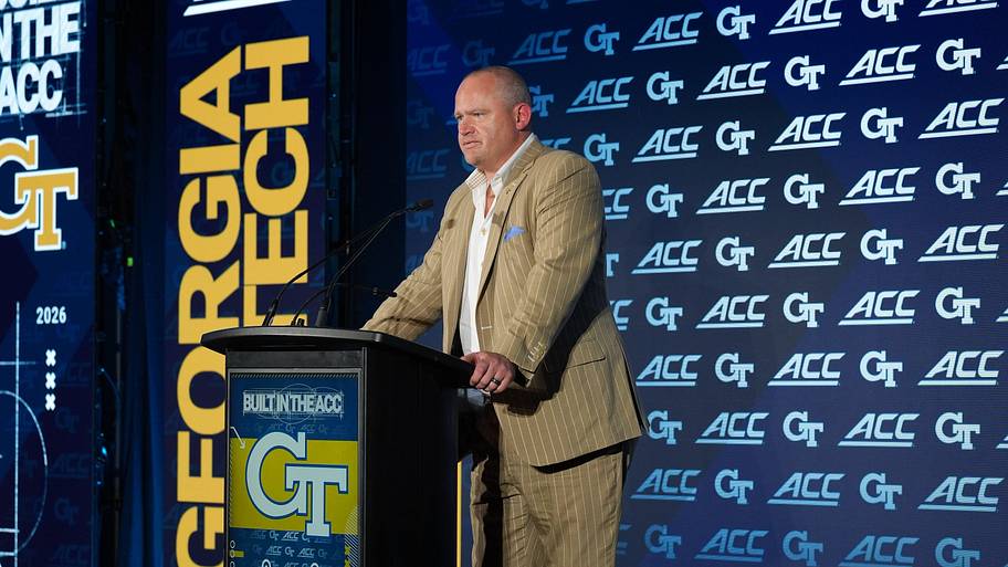 Georgia Tech head coach Brent Key speaks to the media during Media Day at Hilton Charlotte Uptown.