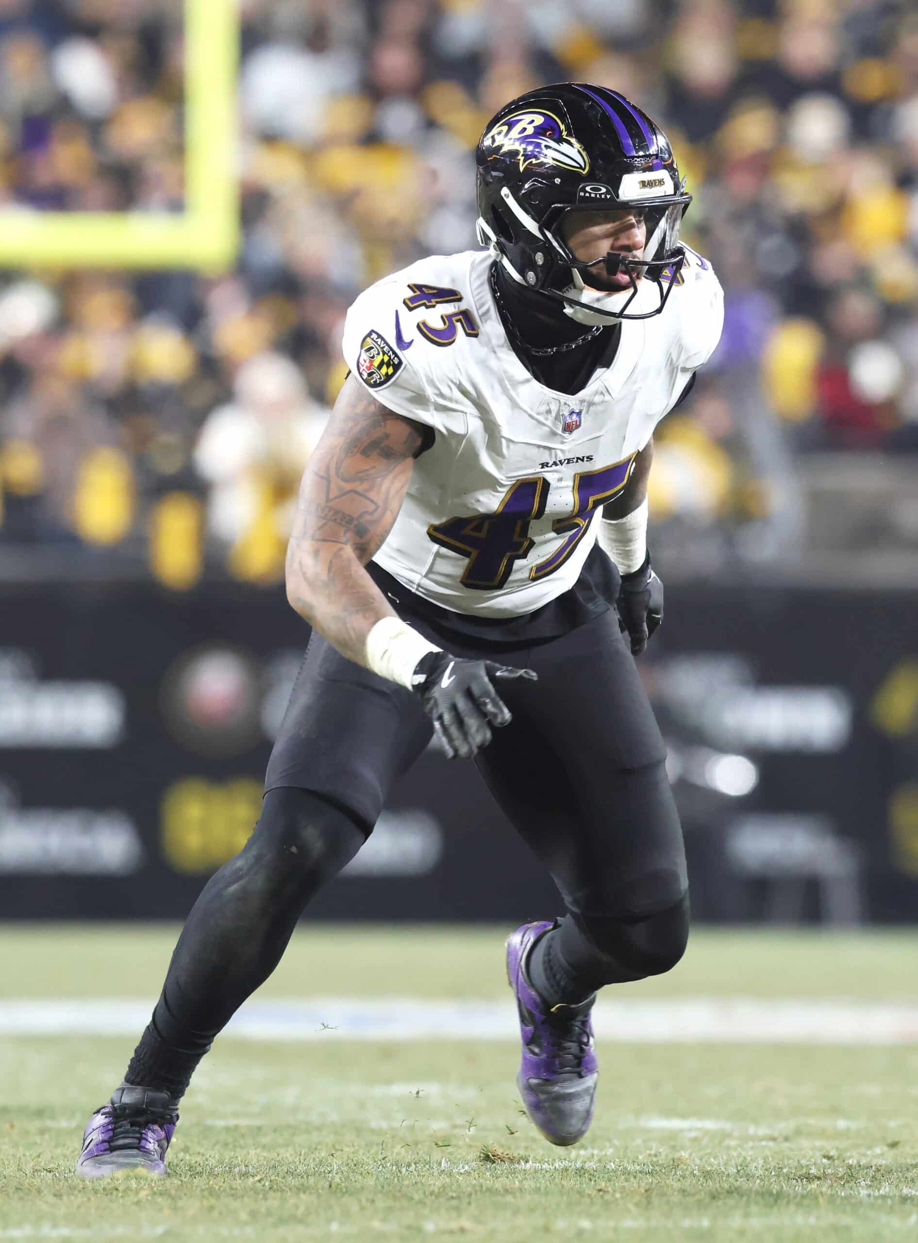 Jan 4, 2026; Pittsburgh, Pennsylvania, USA; Baltimore Ravens linebacker Mike Green (45) in action against the Pittsburgh Steelers during the second quarter at Acrisure Stadium. Mandatory Credit: Charles LeClaire-Imagn Images