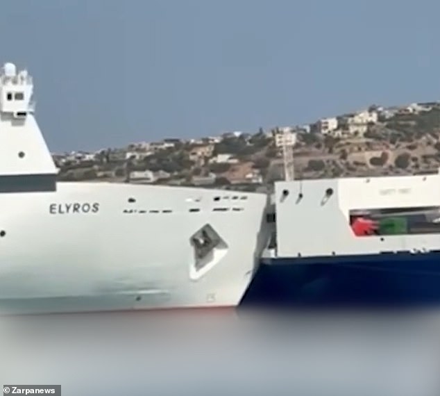Footage taken today showed the two massive vessels careening towards each other off the Greek holiday island