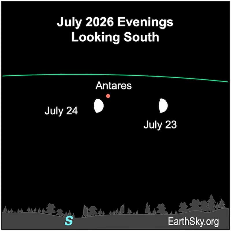 After sunset on July 23 and 24, the bright waxing gibbous moon will shine near Antares. Antares is the brightest star in Scorpius the Scorpion. Credit: EarthSky.