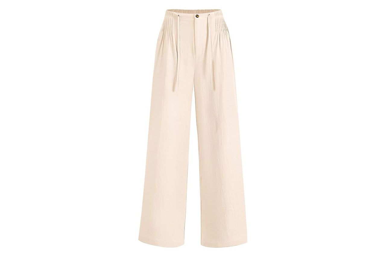 LOMON Womens Linen Pants Summer Wide Leg Cotton Pants Drawstring Elastic Waist Casual Loose Slacks Work Trousers with Pockets