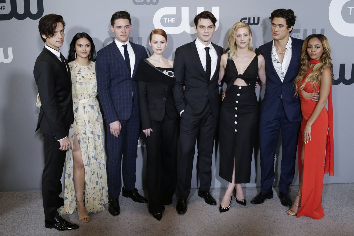 Left to right, Cole Sprouse, Camila Mendes, Casey Cott, Madelaine Petsch, KJ Apa, Lili Reinhart, Charles Melton and Vanessa Morgan of 