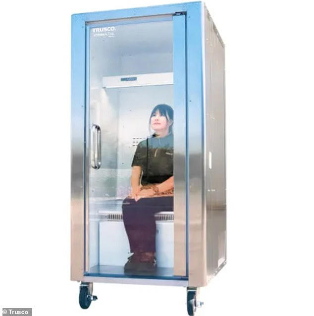 Users sit inside the stainless steel box and are blasted with a jet of air cooled to 5°C (41°F), providing effective cooling in as little as five minutes  