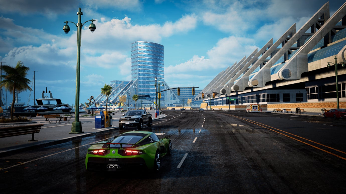 A Dearborn & Schaeffer Nightranger drives along the waterfront in Wreckreation 2.
