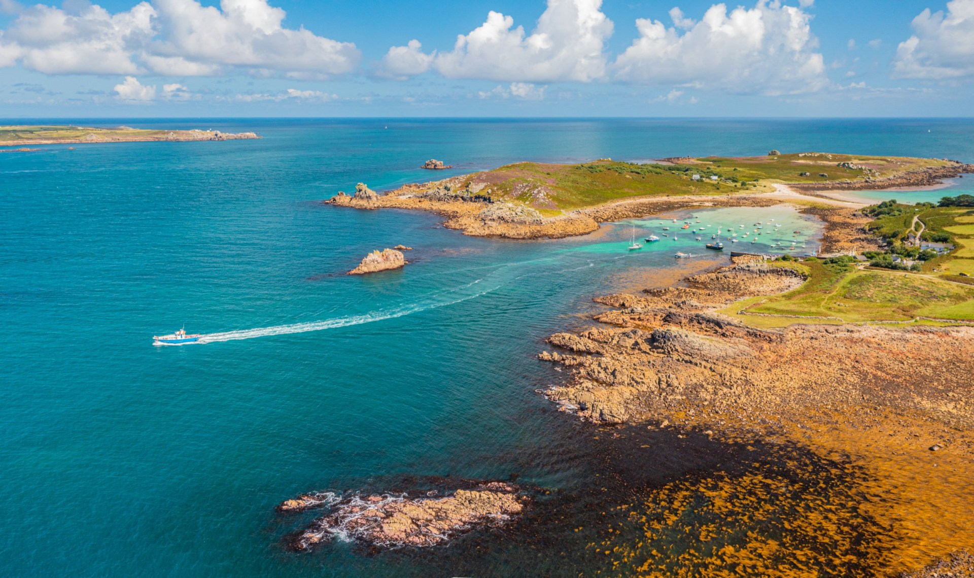 An aerial view over the island of St Agnes in The Isles of Scilly, Cornwall.