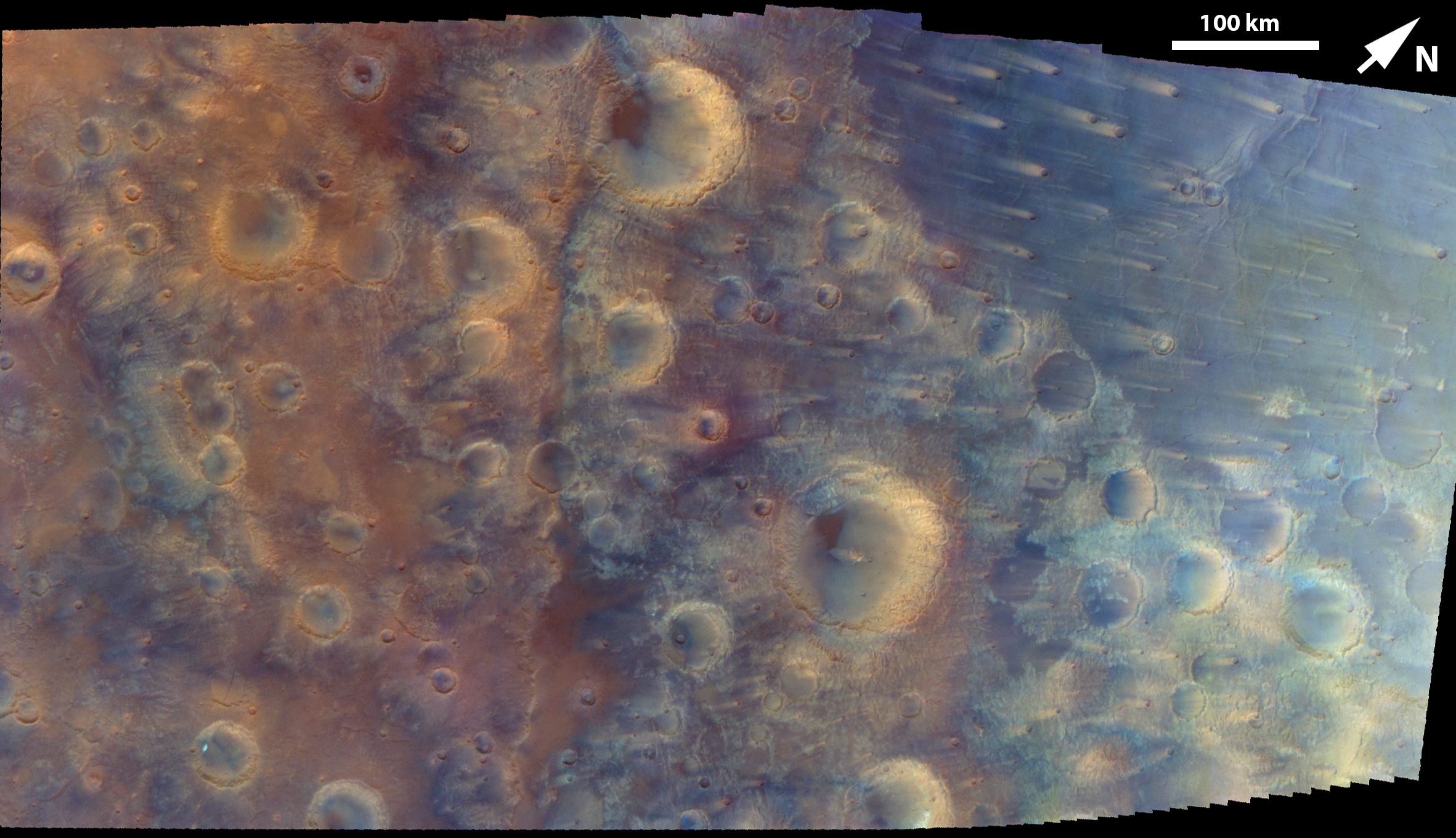 This is an enhanced-color mosaic created from four individual images acquired on May 15, 2026, during Psyche's flyby of Mars. The spacecraft's suite of instruments helped reveal craters, ridges, wind streaks and volcanic plains materials over the southern highlands of Mars.
