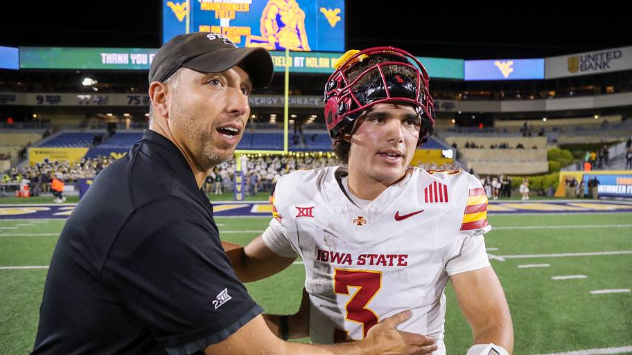 Iowa State Cyclones coach Matt Campbell celebrates with quarterback Rocco Becht after beating the West Virginia Mountaineers.