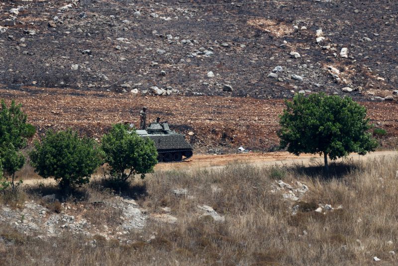 A Lebanese army tank stands at the entrance of Zawtar al-Gharbiyeh in southern Lebanon