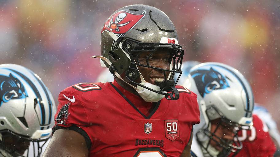 Tampa Bay Buccaneers linebacker Yaya Diaby (0) reacts in the first half against the Carolina Panthers at Raymond James