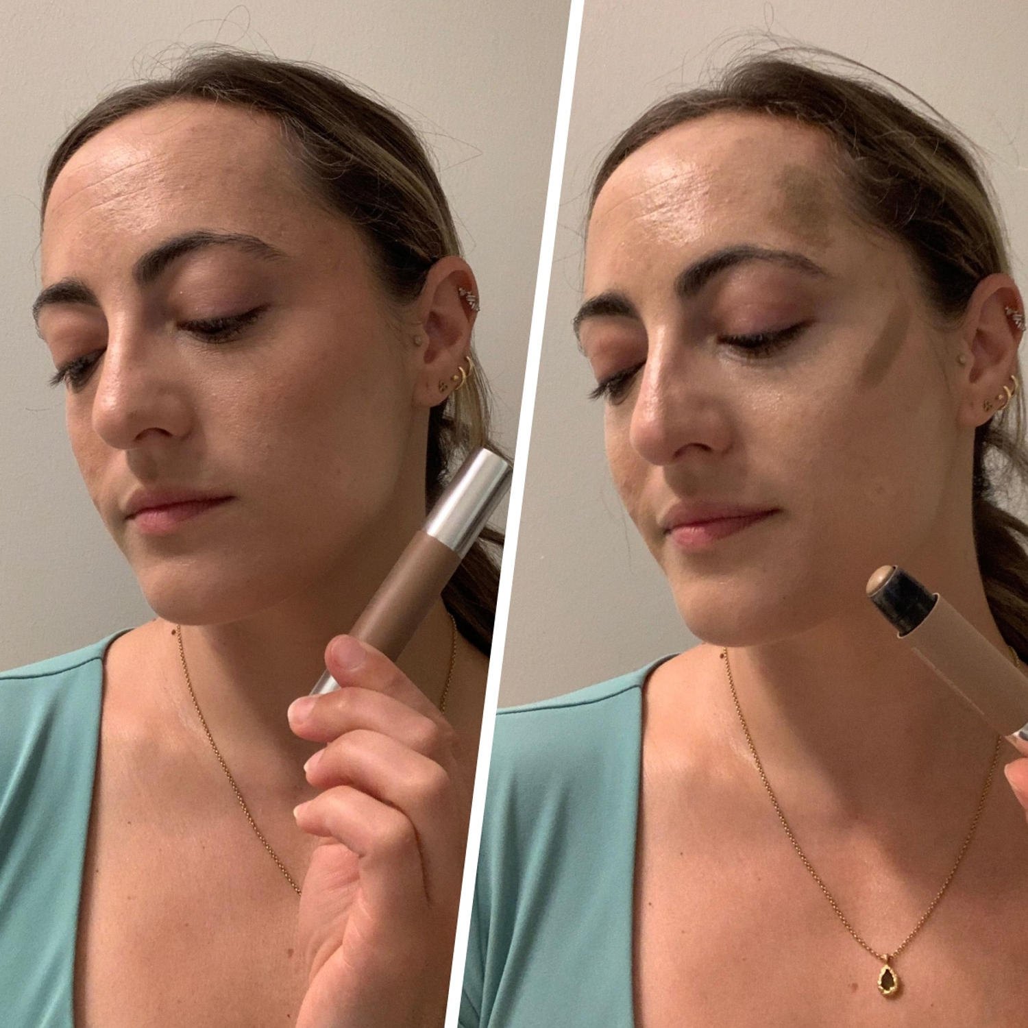 Haus Labs Precision Sculpt Shaping Balm Before (left) and in use (right) (Courtesy of Danielle Murphy)