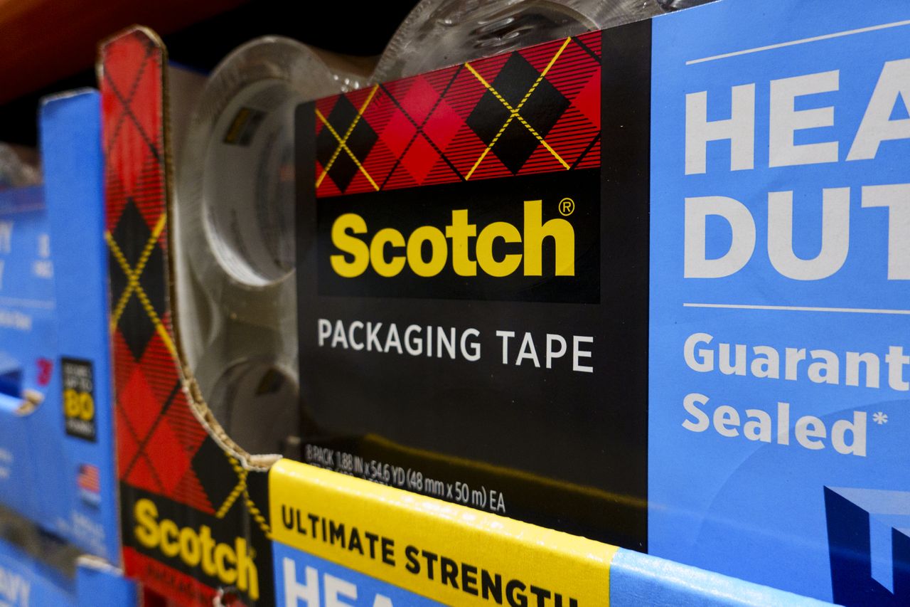 Packages 3M Scotch packaging tape are displayed for sale at a Costco Wholesale store on November 18, 2025 in San Diego, California