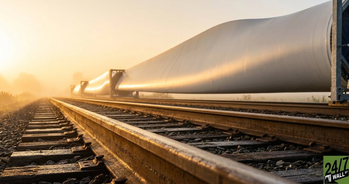 The visual contrast between the smooth, futuristic white of a wind turbine and the gritty, textured steel of a locomotive creates a high-contrast industrial 'clash' that instantly signals a comparison to the viewer without using words.