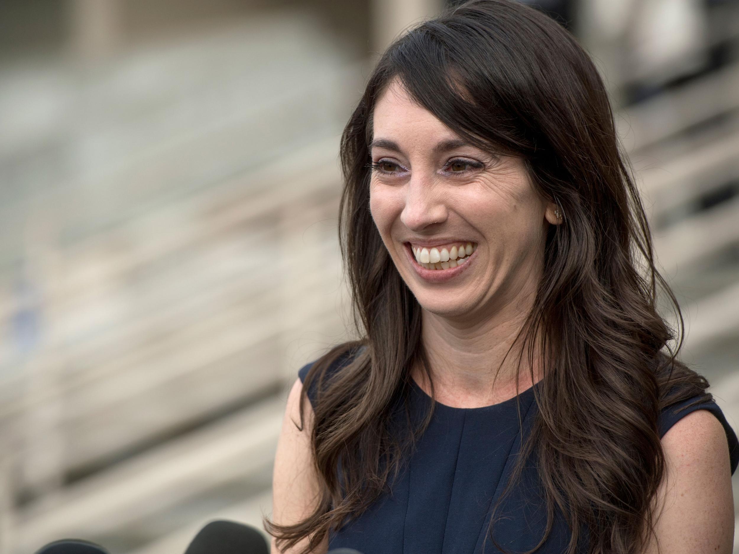 Michelle Hadley speaking to the media in 2017 after being cleared of all charges (Jeff Gritchen/AP)