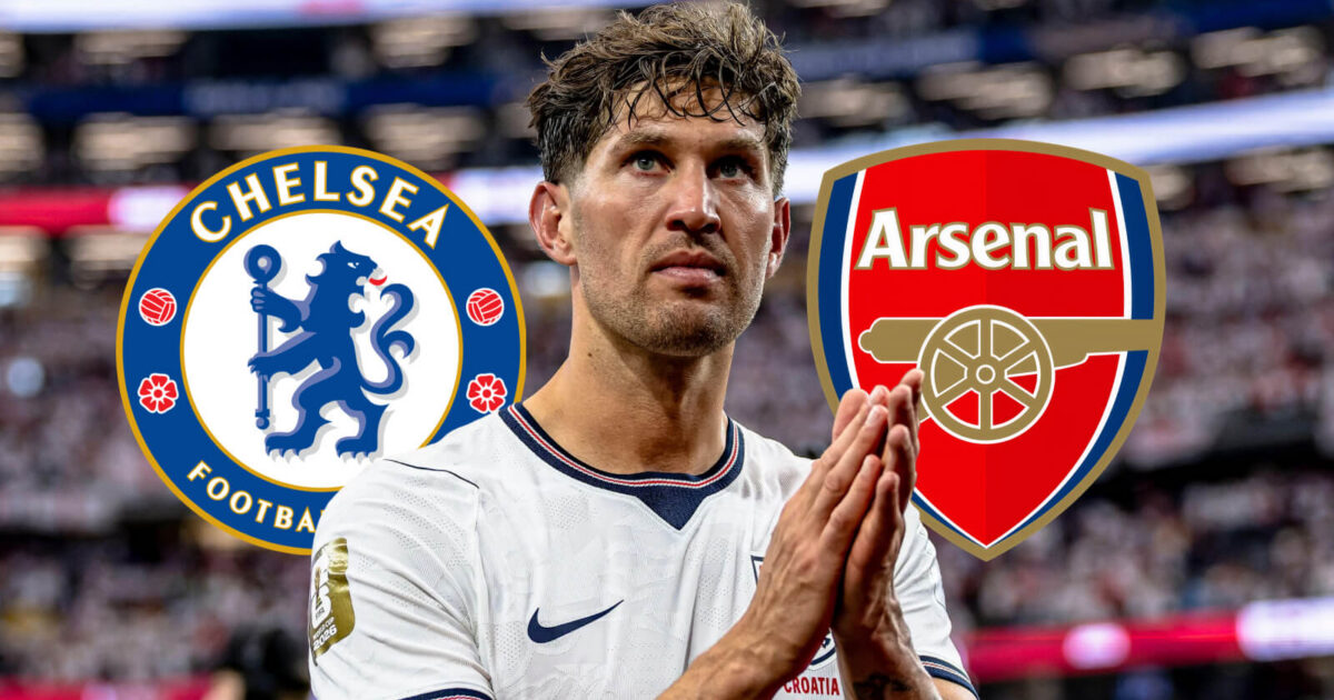 John Stones with Chelsea and Arsenal badges