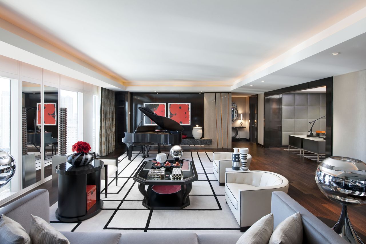 Luxury living room with a grand piano modern furniture and decorative items